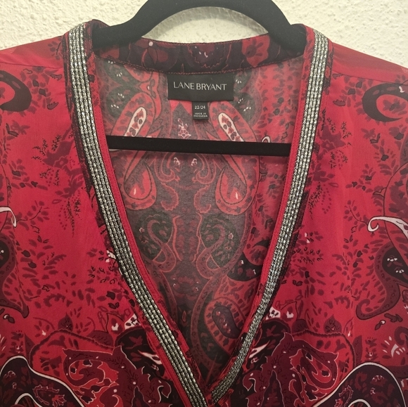 Lane Bryant 22/24 Beaded Red Paisley Dolman Sleeve Chiffon Blouse - Picture 3 of 8